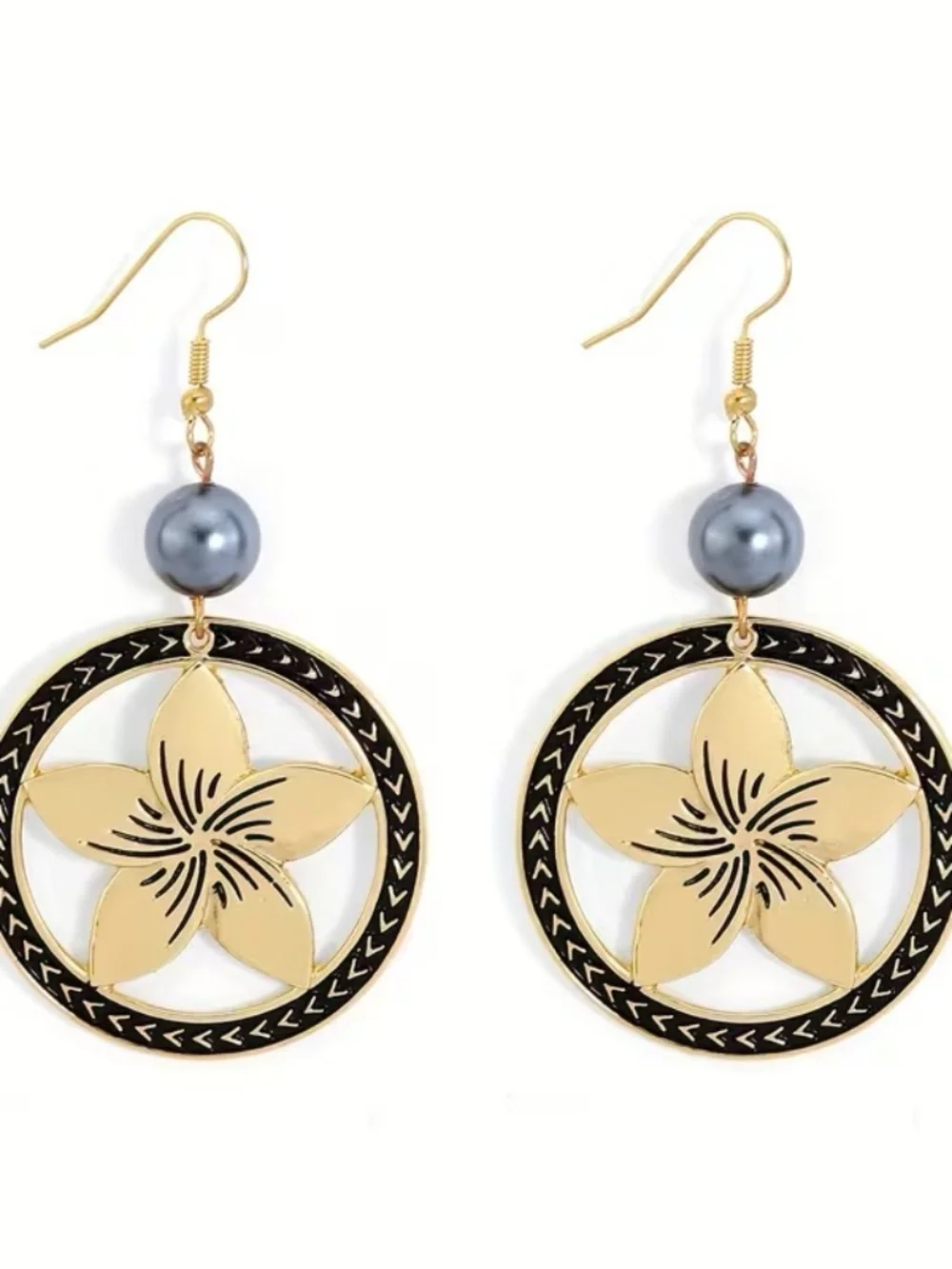 Gold Plumeria Flower Black Circle Pearl Drop Statement Earrings